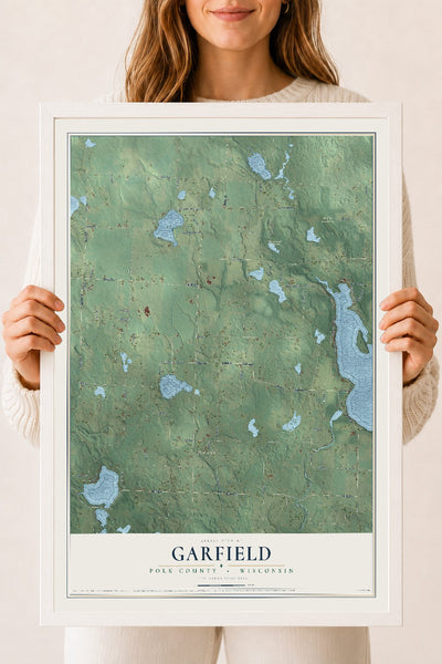Map of Garfield, Polk County, Wisconsin, 18 x 24 inch print in a white wood frame