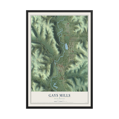 Map of Gays Mills, Wisconsin, 12 x 18 inch print in a black wood frame