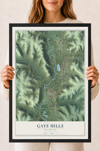 Map of Gays Mills, Wisconsin, 18 x 24 inch print in a black wood frame