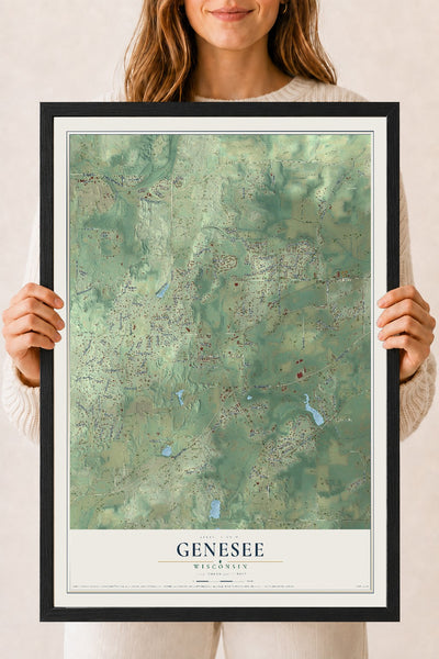 Map of Genesee, Wisconsin, 18 x 24 inch print in a black wood frame