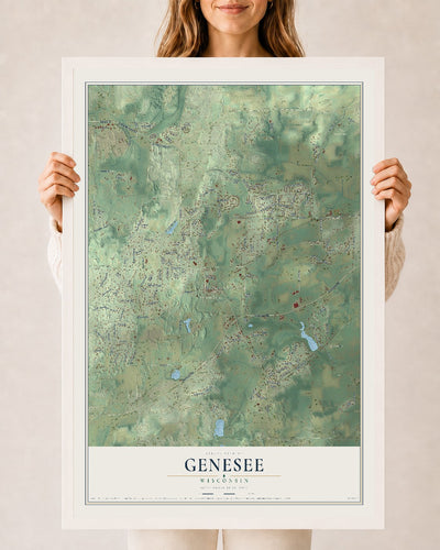 Map of Genesee, Wisconsin, 24 x 36 inch print in a white wood frame