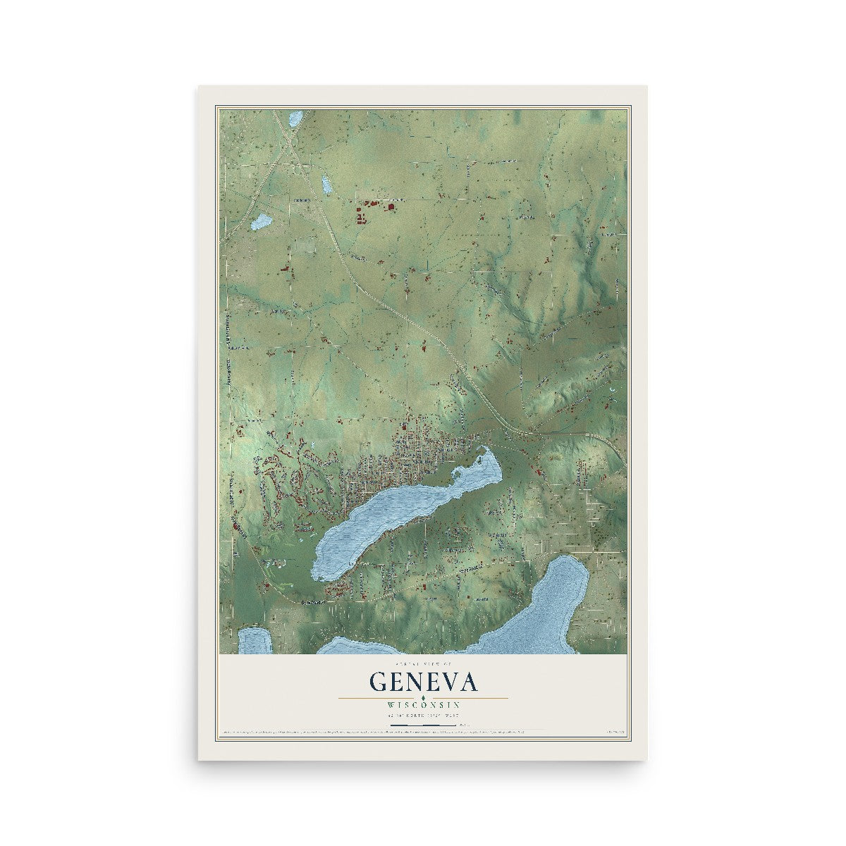 Map of Geneva, Wisconsin, 12 x 18 inch unframed archival matte print