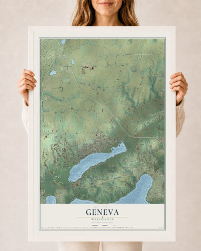 Map of Geneva, Wisconsin, 24 x 36 inch print in a white wood frame