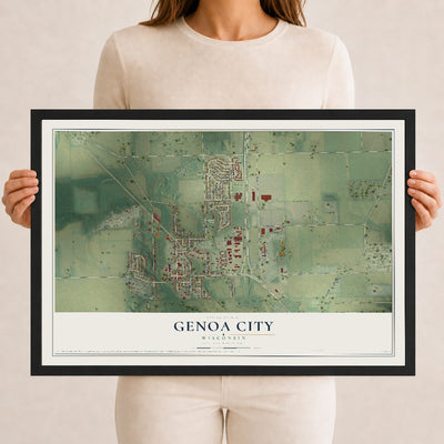 Map of Genoa City, Wisconsin, 12 x 18 inch print in a black wood frame