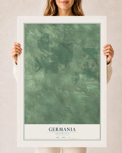 Map of Germania, Wisconsin, 24 x 36 inch print in a white wood frame