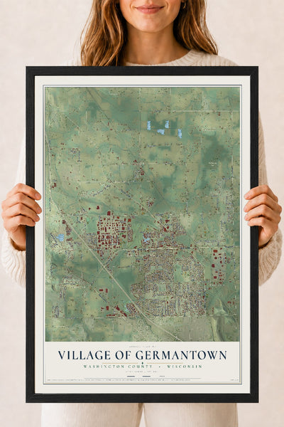 Map of Germantown, Wisconsin, 18 x 24 inch print in a black wood frame