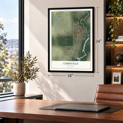 Gibbsville, Wisconsin map, 18 x 24 inch print in a black frame in a home office