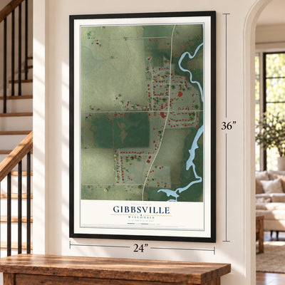 Gibbsville, Wisconsin map, 24 x 36 inch print in a black frame by a staircase
