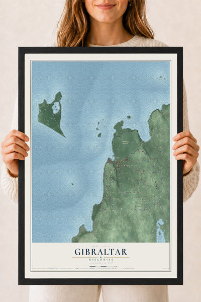 Map of Gibraltar, Wisconsin, 18 x 24 inch print in a black wood frame