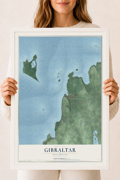 Map of Gibraltar, Wisconsin, 18 x 24 inch print in a white wood frame