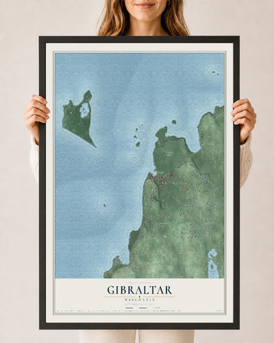 Map of Gibraltar, Wisconsin, 24 x 36 inch print in a black wood frame