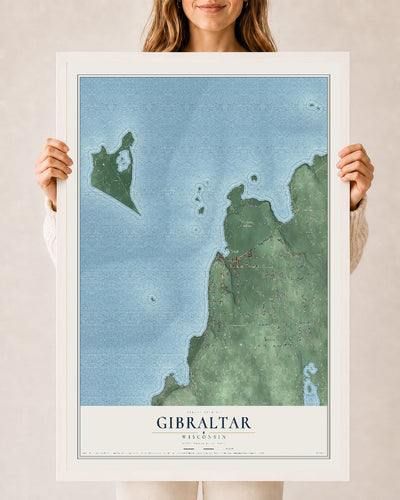 Map of Gibraltar, Wisconsin, 24 x 36 inch print in a white wood frame