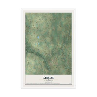 Map of Gibson, Wisconsin, 12 x 18 inch print in a white wood frame