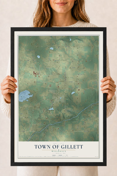 Map of the Town of Gillett, Wisconsin, 18 x 24 inch print in a black wood frame