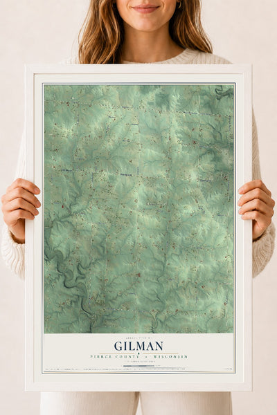 Map of Gilman, Pierce County, Wisconsin, 18 x 24 inch print in a white wood frame