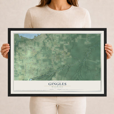 Map of Gingles, Wisconsin, 12 x 18 inch print in a black wood frame