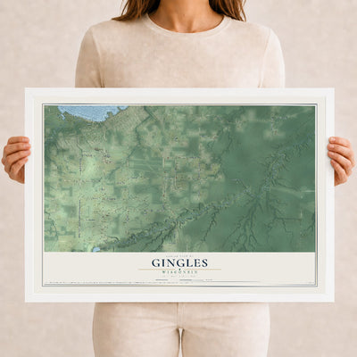 Map of Gingles, Wisconsin, 12 x 18 inch print in a white wood frame