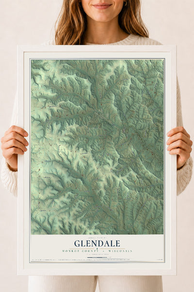 Map of Glendale, Monroe County, Wisconsin, 18 x 24 inch print in a white wood frame