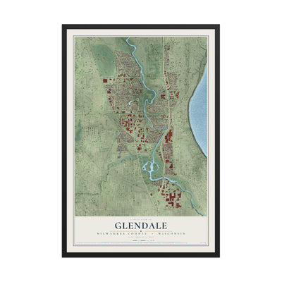 Map of Glendale, Milwaukee County, Wisconsin, 12 x 18 inch print in a black wood frame