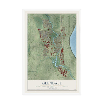 Map of Glendale, Milwaukee County, Wisconsin, 12 x 18 inch print in a white wood frame
