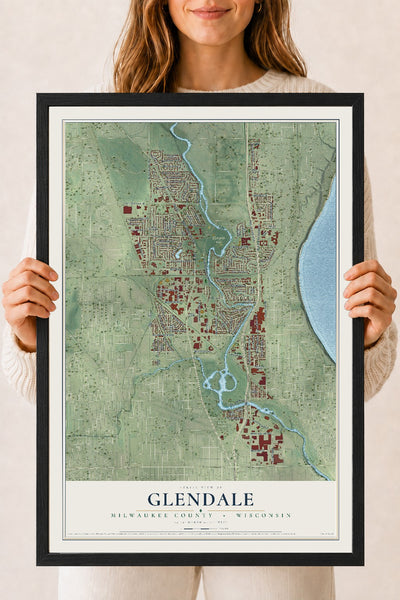 Map of Glendale, Milwaukee County, Wisconsin, 18 x 24 inch print in a black wood frame