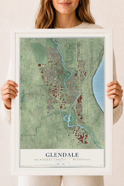 Map of Glendale, Milwaukee County, Wisconsin, 18 x 24 inch print in a white wood frame