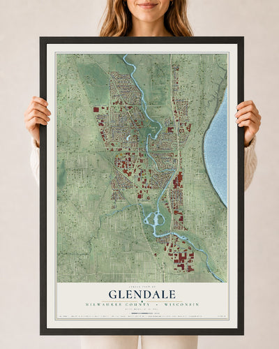 Map of Glendale, Milwaukee County, Wisconsin, 24 x 36 inch print in a black wood frame