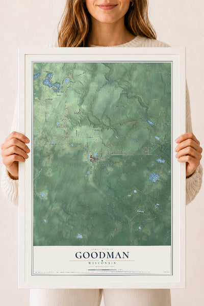 Map of Goodman, Wisconsin, 18 x 24 inch print in a white wood frame