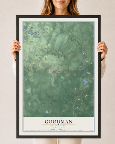 Map of Goodman, Wisconsin, 24 x 36 inch print in a black wood frame