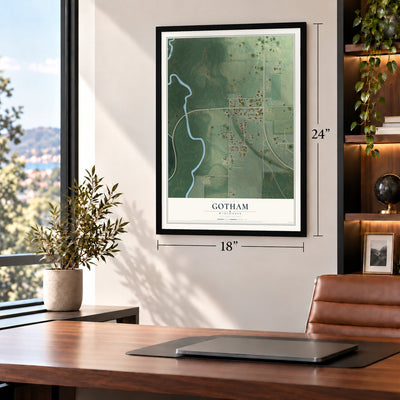 Gotham, Wisconsin map, 18 x 24 inch print in a black frame in a home office