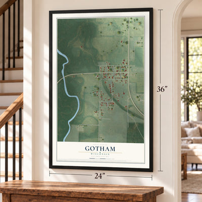 Gotham, Wisconsin map, 24 x 36 inch print in a black frame by a staircase