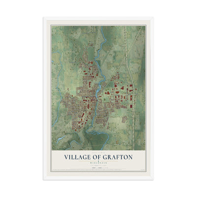 Map of Grafton, Wisconsin, 12 x 18 inch print in a white wood frame
