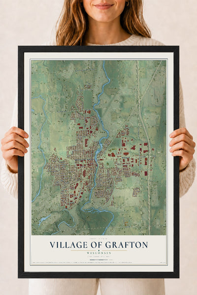 Map of Grafton, Wisconsin, 18 x 24 inch print in a black wood frame
