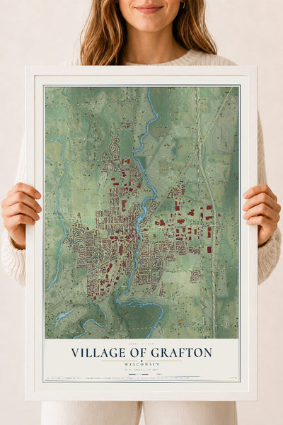 Map of Grafton, Wisconsin, 18 x 24 inch print in a white wood frame
