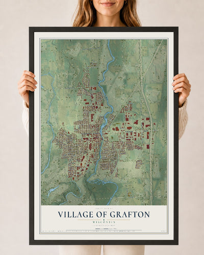 Map of Grafton, Wisconsin, 24 x 36 inch print in a black wood frame