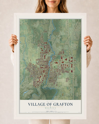 Map of Grafton, Wisconsin, 24 x 36 inch print in a white wood frame