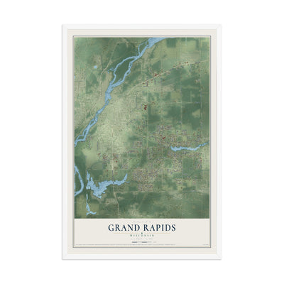 Map of Grand Rapids, Wisconsin, 12 x 18 inch print in a white wood frame
