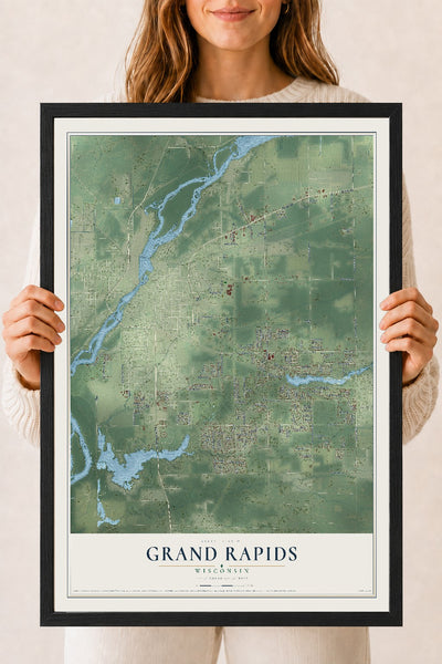 Map of Grand Rapids, Wisconsin, 18 x 24 inch print in a black wood frame