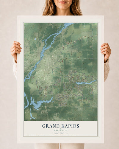Map of Grand Rapids, Wisconsin, 24 x 36 inch print in a white wood frame