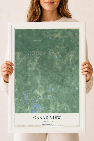 Map of Grand View, Wisconsin, 18 x 24 inch print in a white wood frame