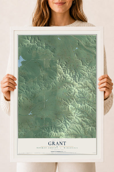Map of Grant, Monroe County, Wisconsin, 18 x 24 inch print in a white wood frame