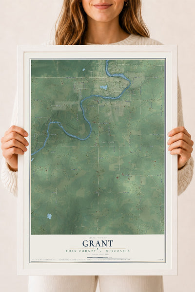 Map of Grant, Rusk County, Wisconsin, 18 x 24 inch print in a white wood frame
