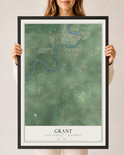 Map of Grant, Rusk County, Wisconsin, 24 x 36 inch print in a black wood frame