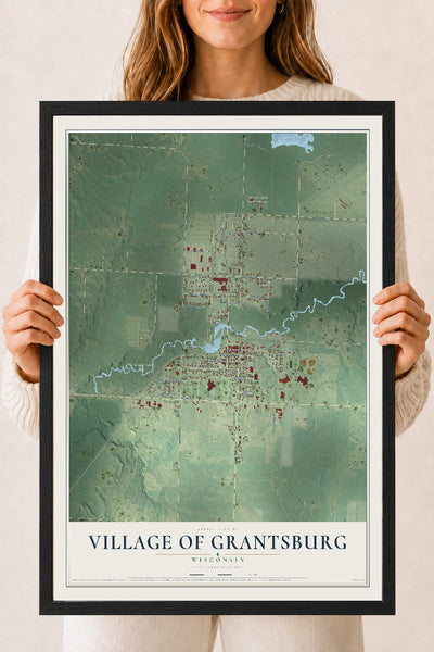 Map of Grantsburg, Wisconsin, 18 x 24 inch print in a black wood frame
