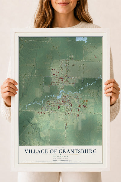 Map of Grantsburg, Wisconsin, 18 x 24 inch print in a white wood frame