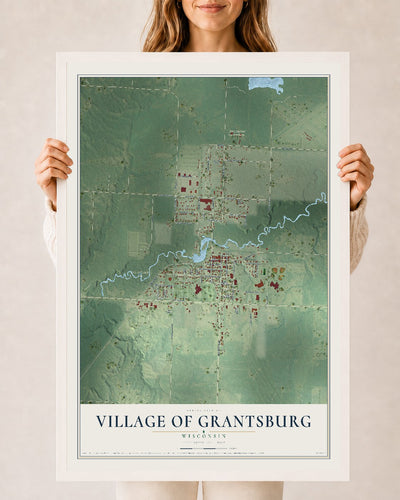 Map of Grantsburg, Wisconsin, 24 x 36 inch print in a white wood frame