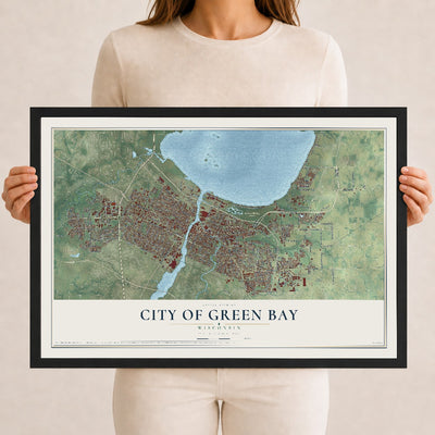 Map of Green Bay, Wisconsin, 12 x 18 inch print in a black wood frame