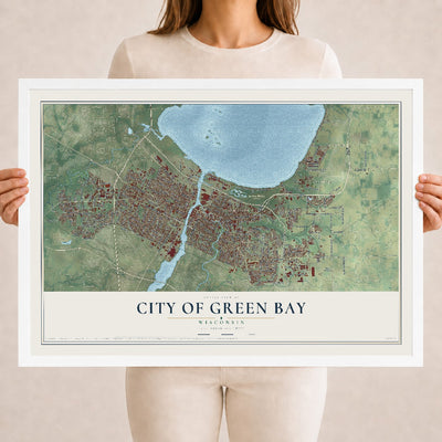 Map of Green Bay, Wisconsin, 18 x 24 inch print in a white wood frame