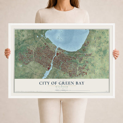 Map of Green Bay, Wisconsin, 24 x 36 inch print in a white wood frame