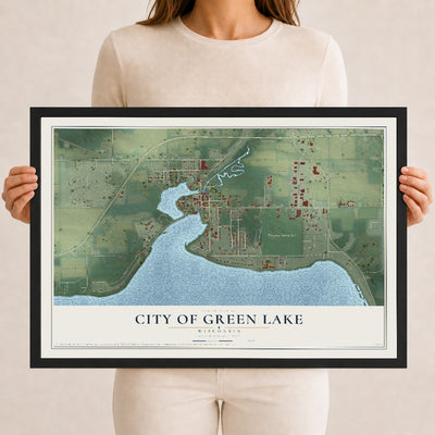 Map of Green Lake, Wisconsin, 12 x 18 inch print in a black wood frame